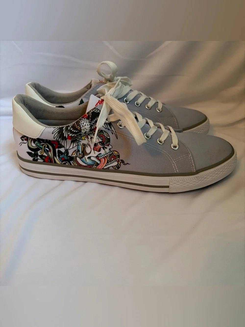 Ed Hardy Men’s Light Gray Canvas Sneakers with Red Logo